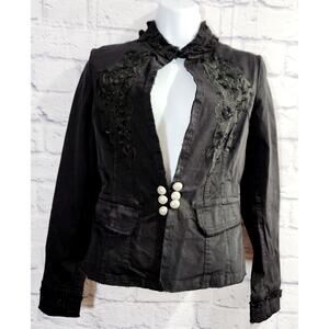 Gypsy & Co. Black Embroidered Floral Band Collar Jacket Small Long Sleeves